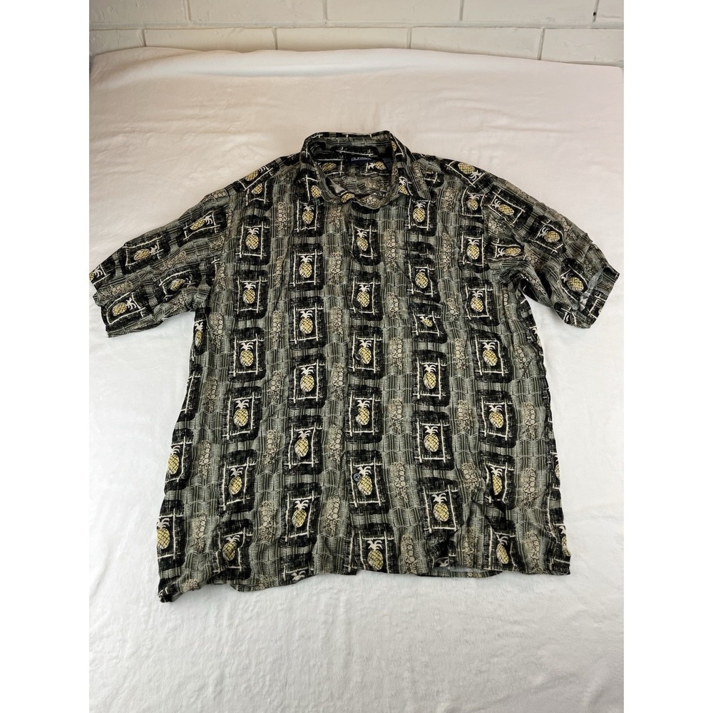 Puritan Hawaiian Shirt M Pineapple Bamboo Black S/S Button Up Island Beach Rayon